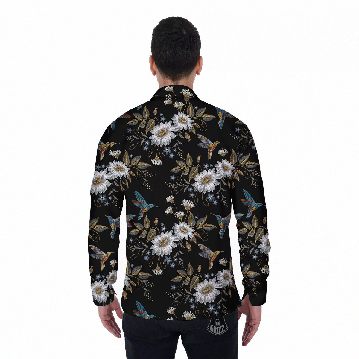 Hummingbird Floral Vintage Print Pattern Men's Long Sleeve Shirts-grizzshop