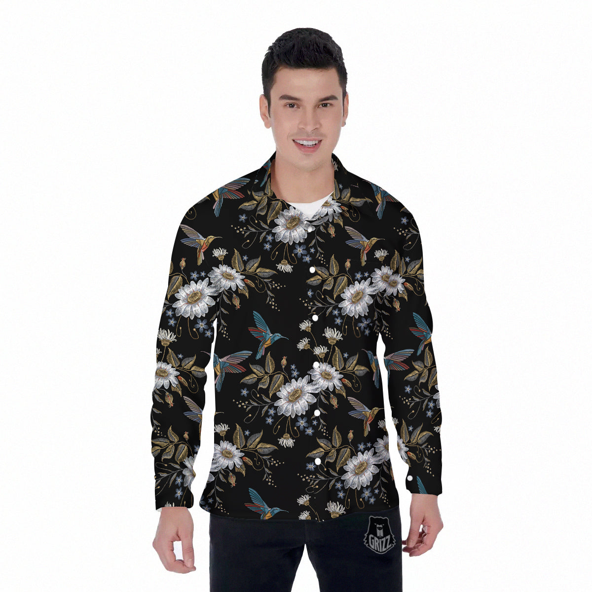 Hummingbird Floral Vintage Print Pattern Men's Long Sleeve Shirts-grizzshop