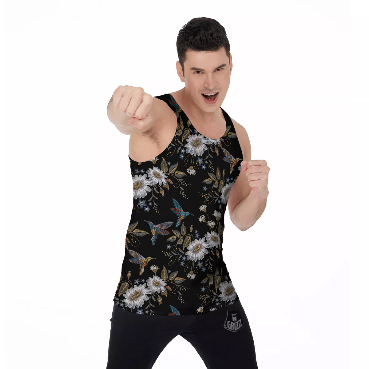 Hummingbird Floral Vintage Print Pattern Men's Tank Top-grizzshop