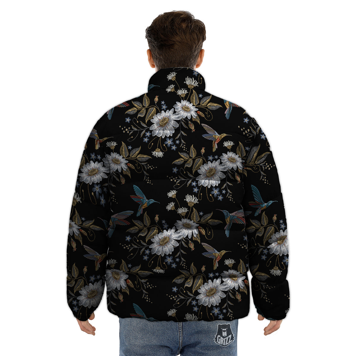 Hummingbird Floral Vintage Print Pattern Puffer Jacket-grizzshop