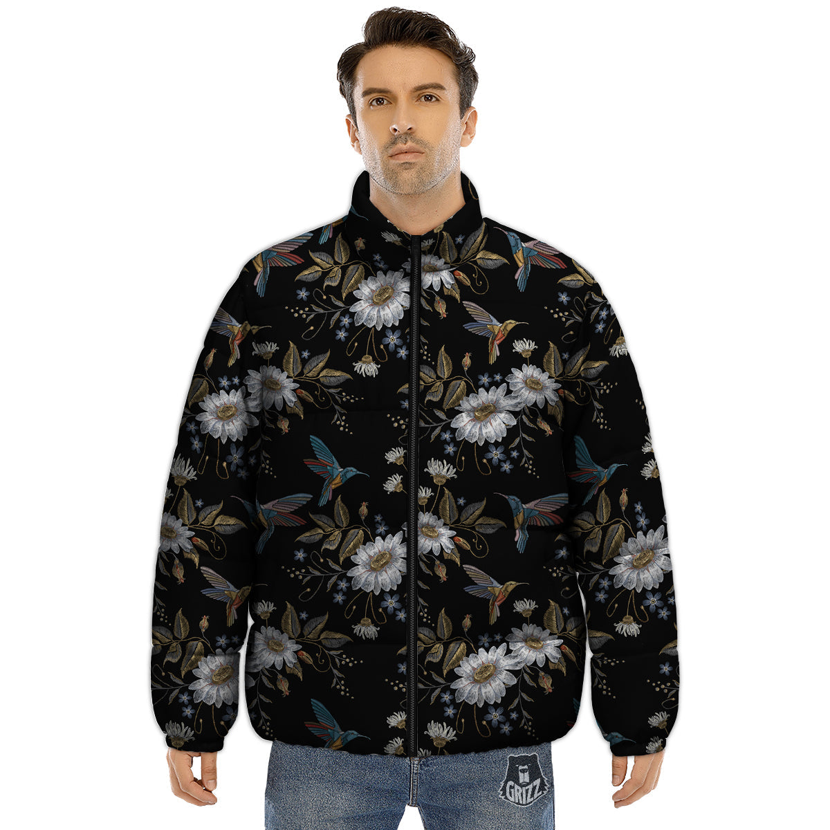 Hummingbird Floral Vintage Print Pattern Puffer Jacket-grizzshop