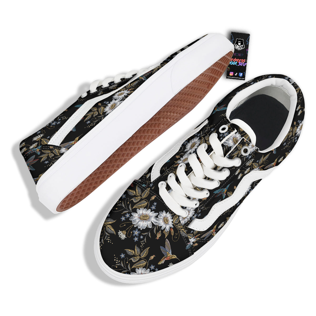 Hummingbird Floral Vintage Print Pattern Skate Shoes-grizzshop
