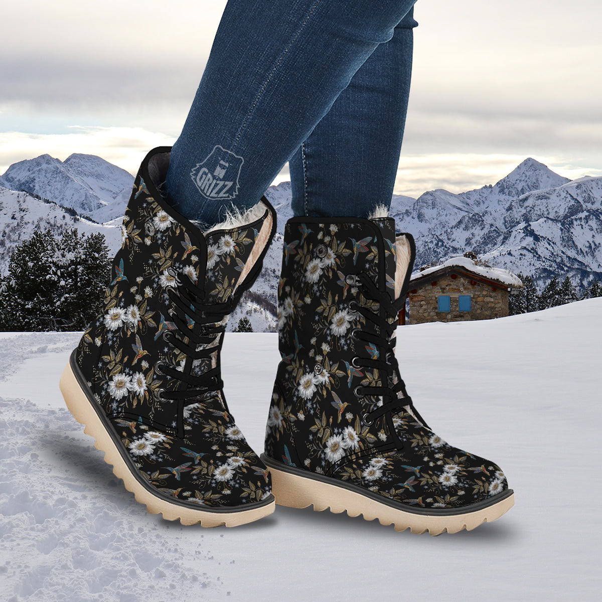 Hummingbird Floral Vintage Print Pattern Snow Boots-grizzshop