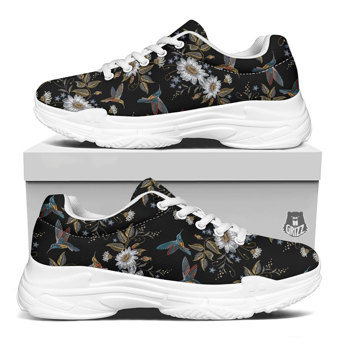 Hummingbird Floral Vintage Print Pattern White Chunky Shoes-grizzshop