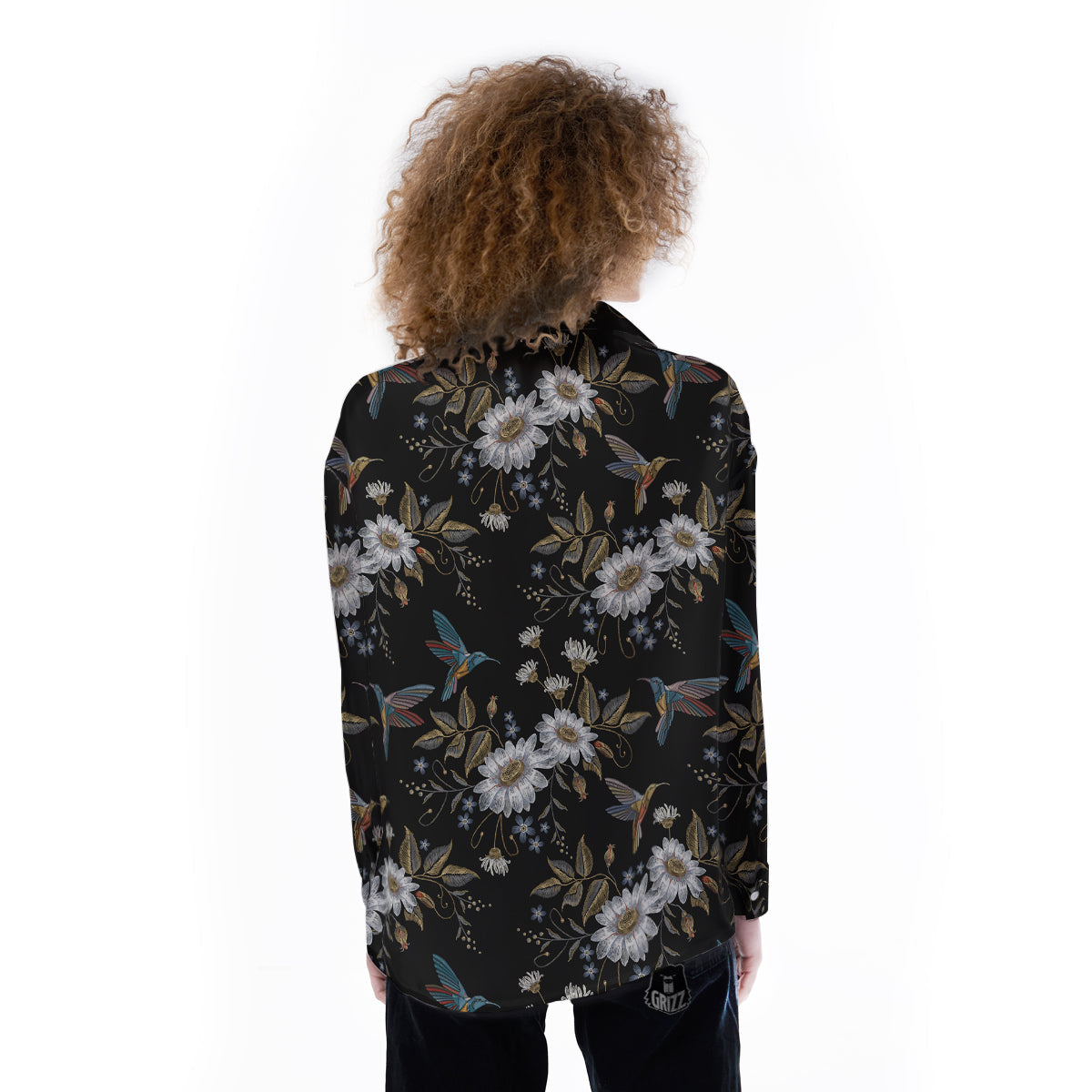 Hummingbird Floral Vintage Print Pattern Women's Long Sleeve Shirts-grizzshop