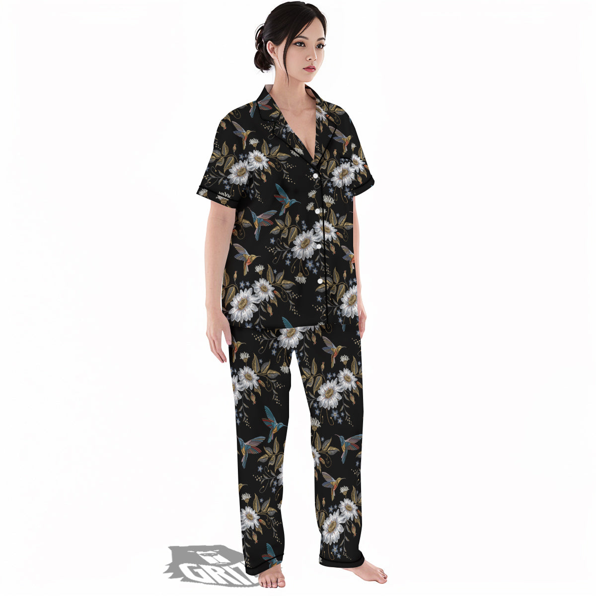 Hummingbird Floral Vintage Print Pattern Women's Pajamas Set-grizzshop