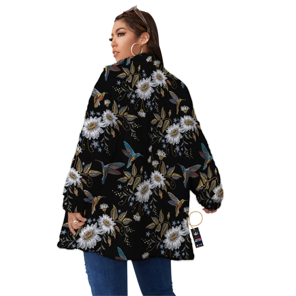 Hummingbird Floral Vintage Print Pattern Women's Sherpa Jacket-grizzshop