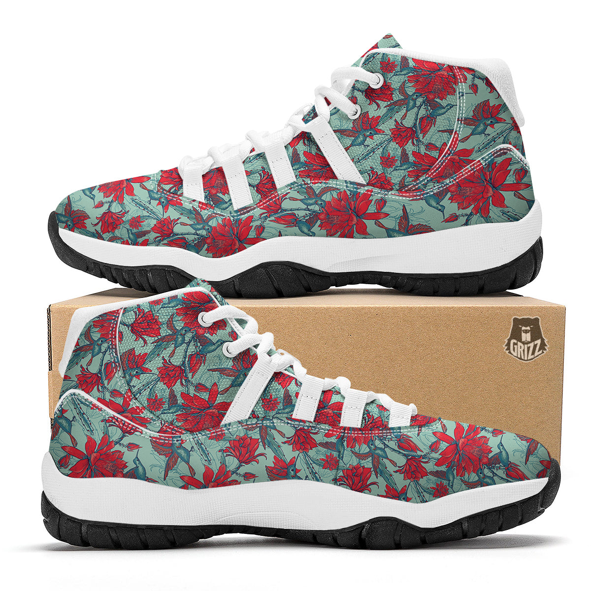 Hummingbird Floral White Bball Shoes-grizzshop