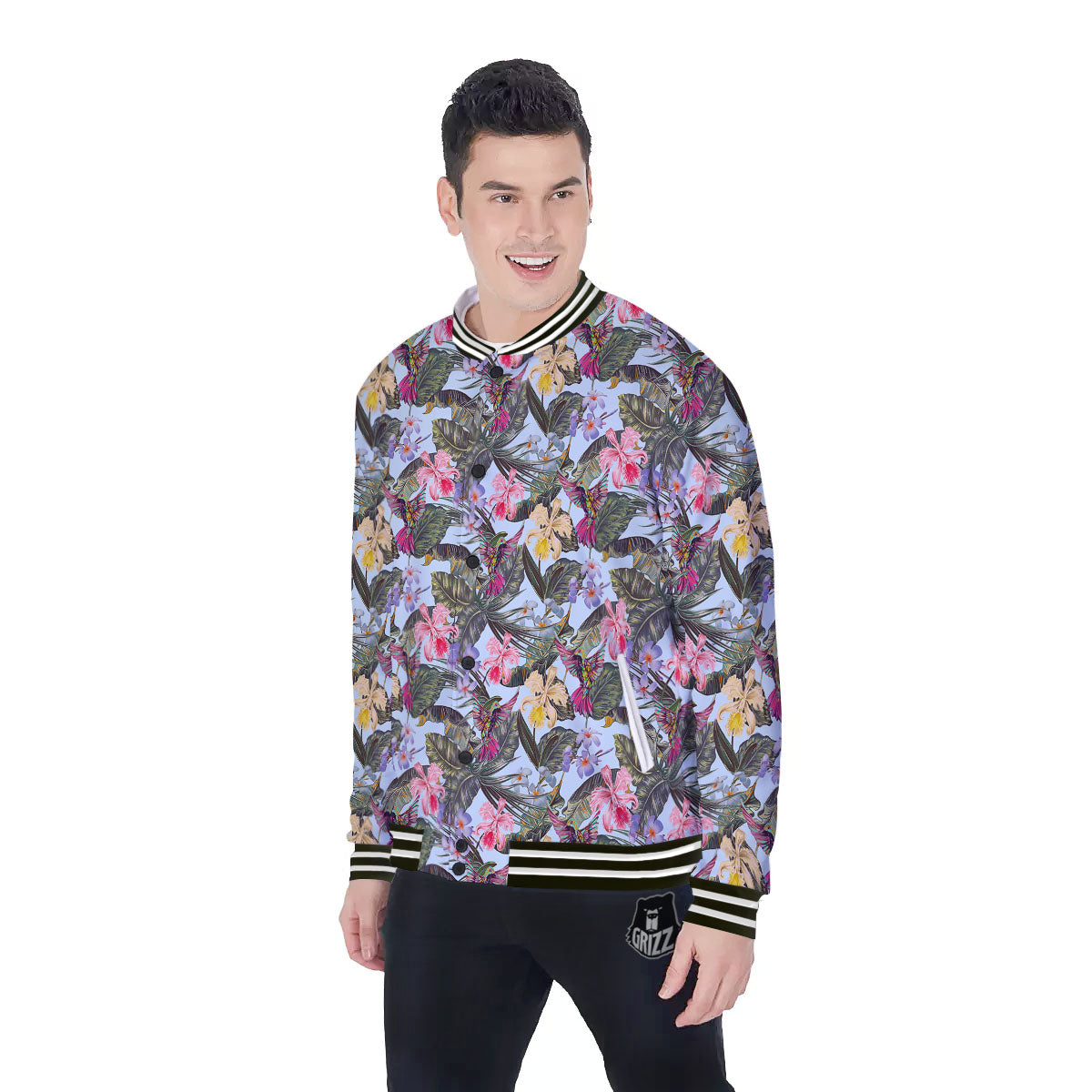 Hummingbird Tropical Print Pattern Baseball Jacket-grizzshop