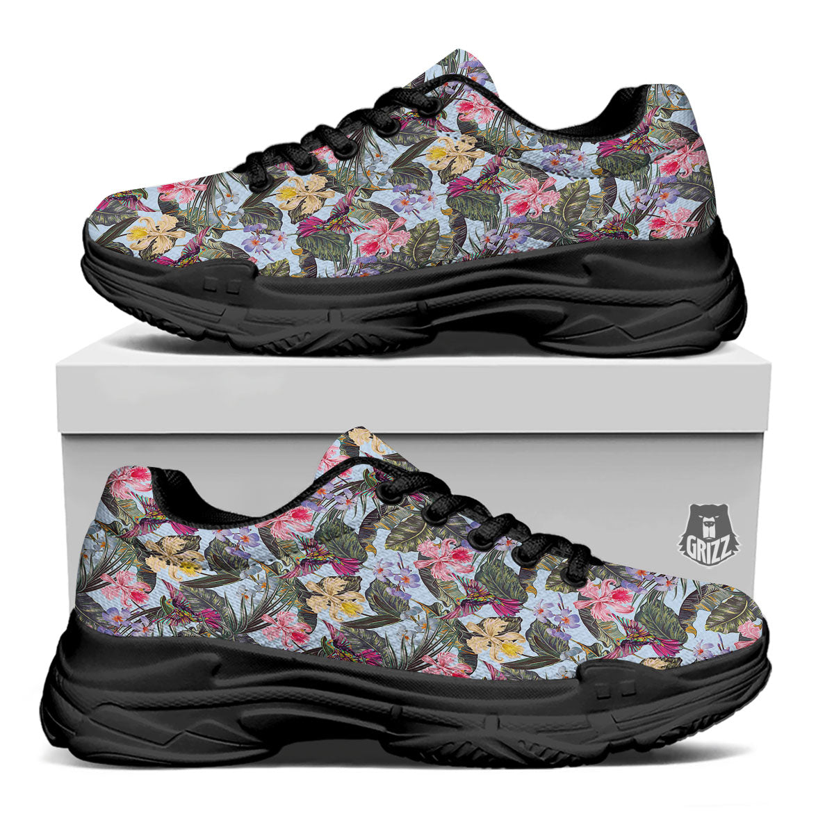 Hummingbird Tropical Print Pattern Black Chunky Shoes-grizzshop