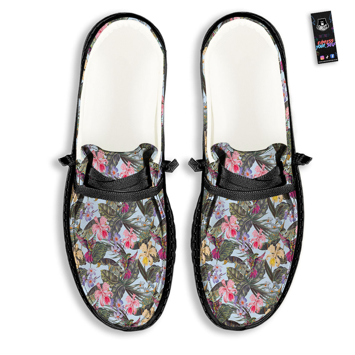 Hummingbird Tropical Print Pattern Black Loafers-grizzshop