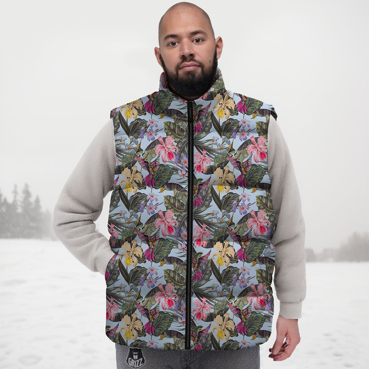 Hummingbird Tropical Print Pattern Down Vest-grizzshop