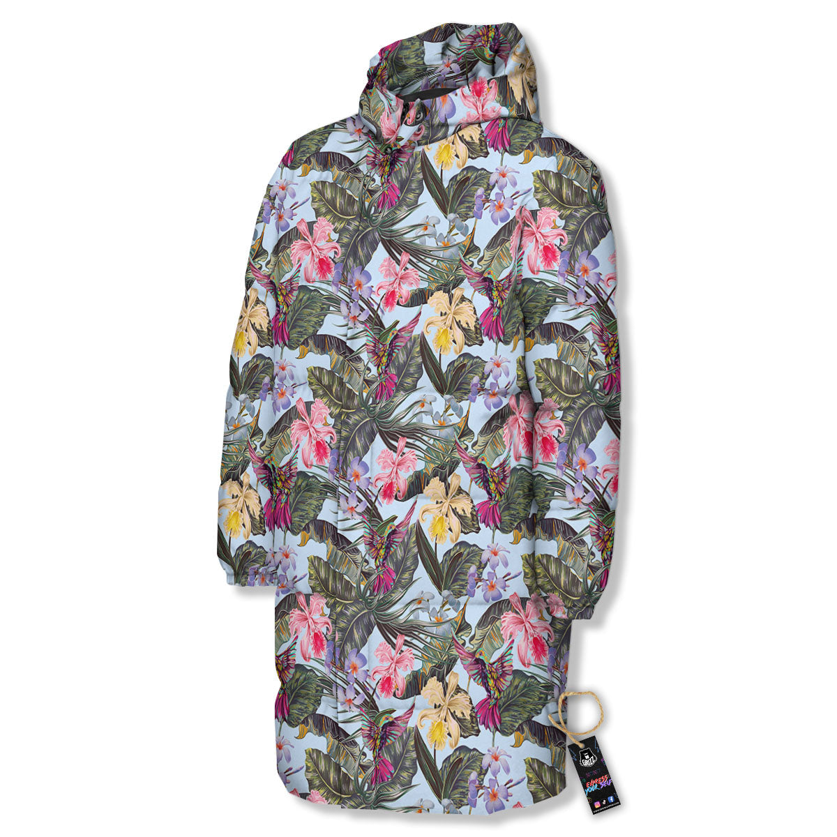 Hummingbird Tropical Print Pattern Long Down Jacket-grizzshop
