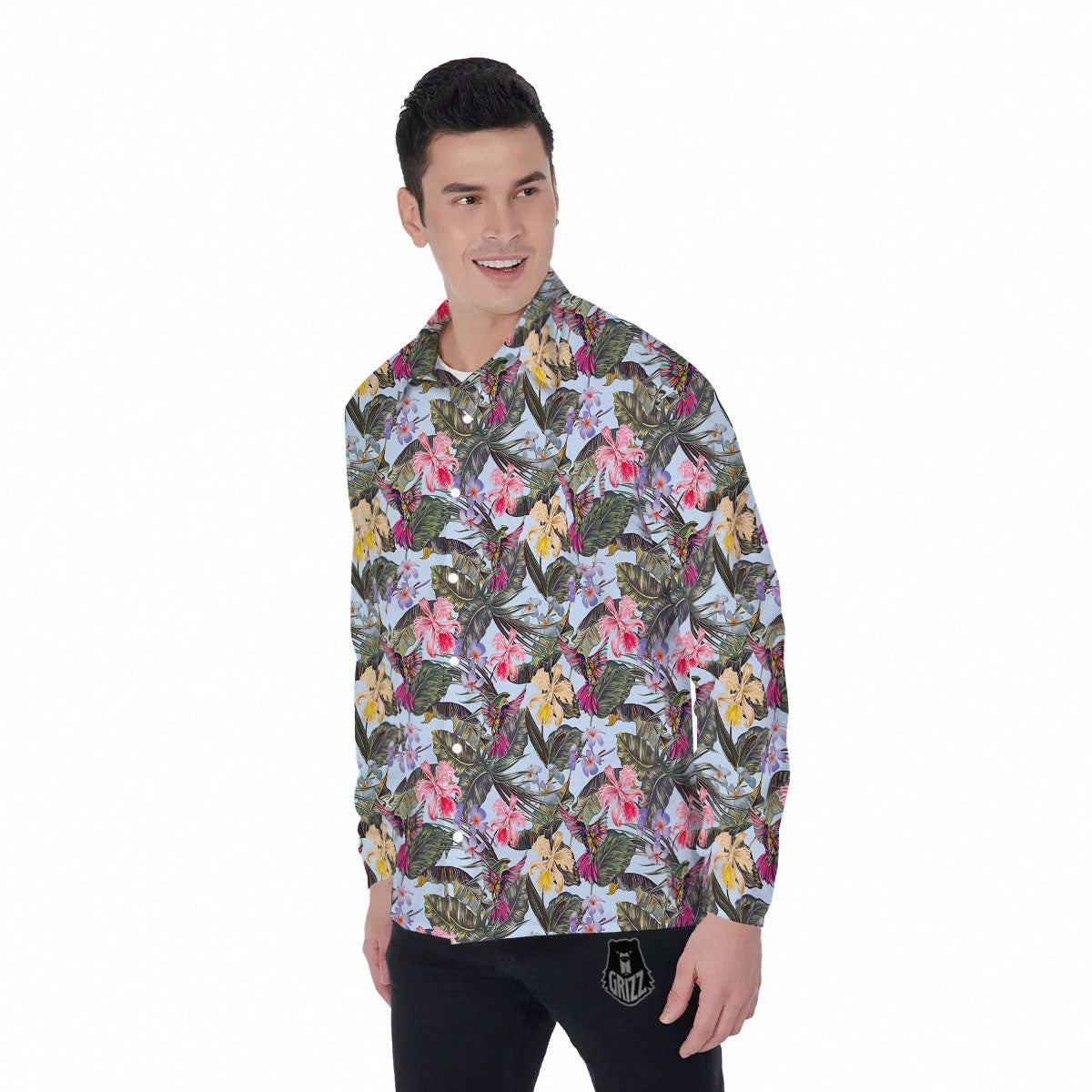 Hummingbird Tropical Print Pattern Men's Long Sleeve Shirts-grizzshop