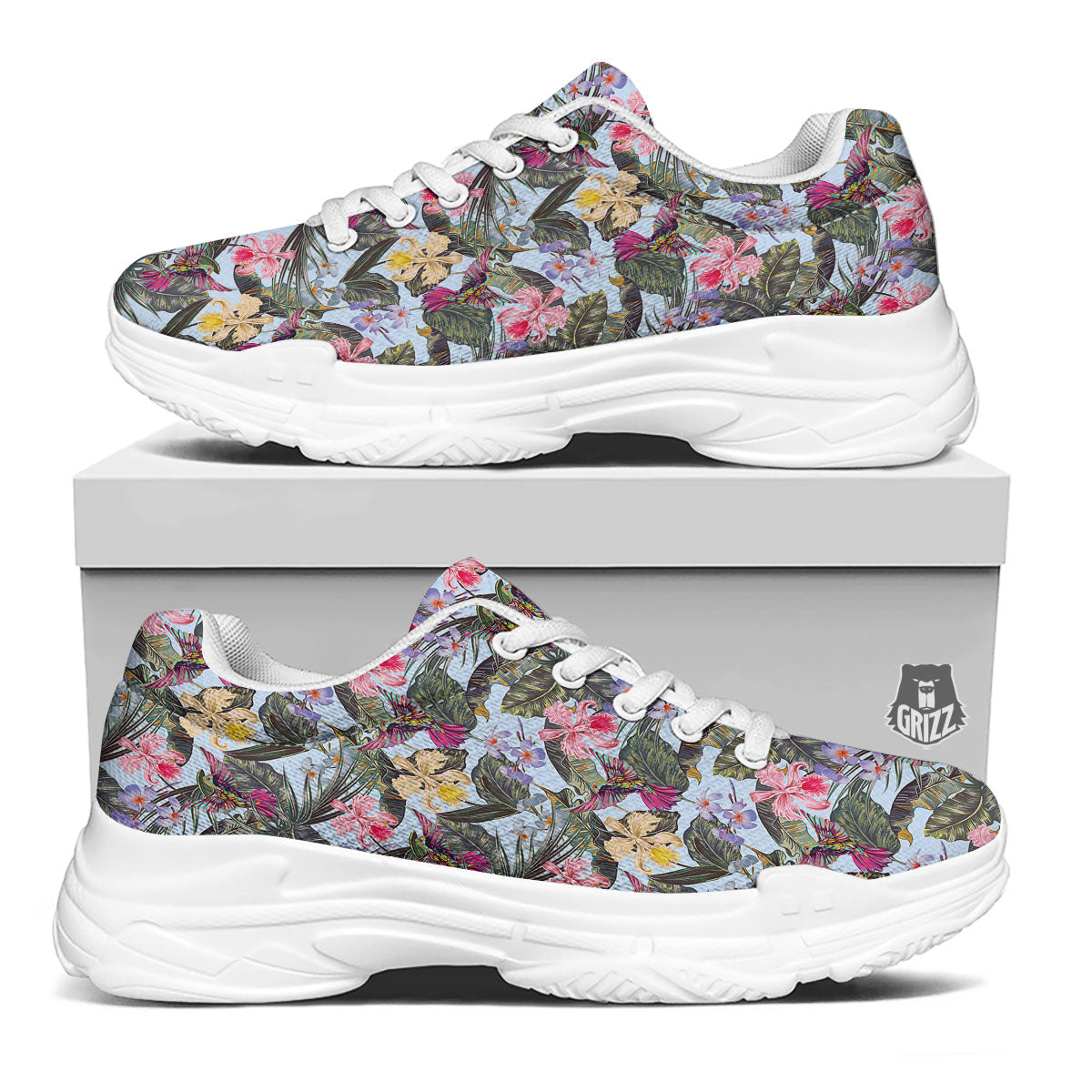 Hummingbird Tropical Print Pattern White Chunky Shoes-grizzshop