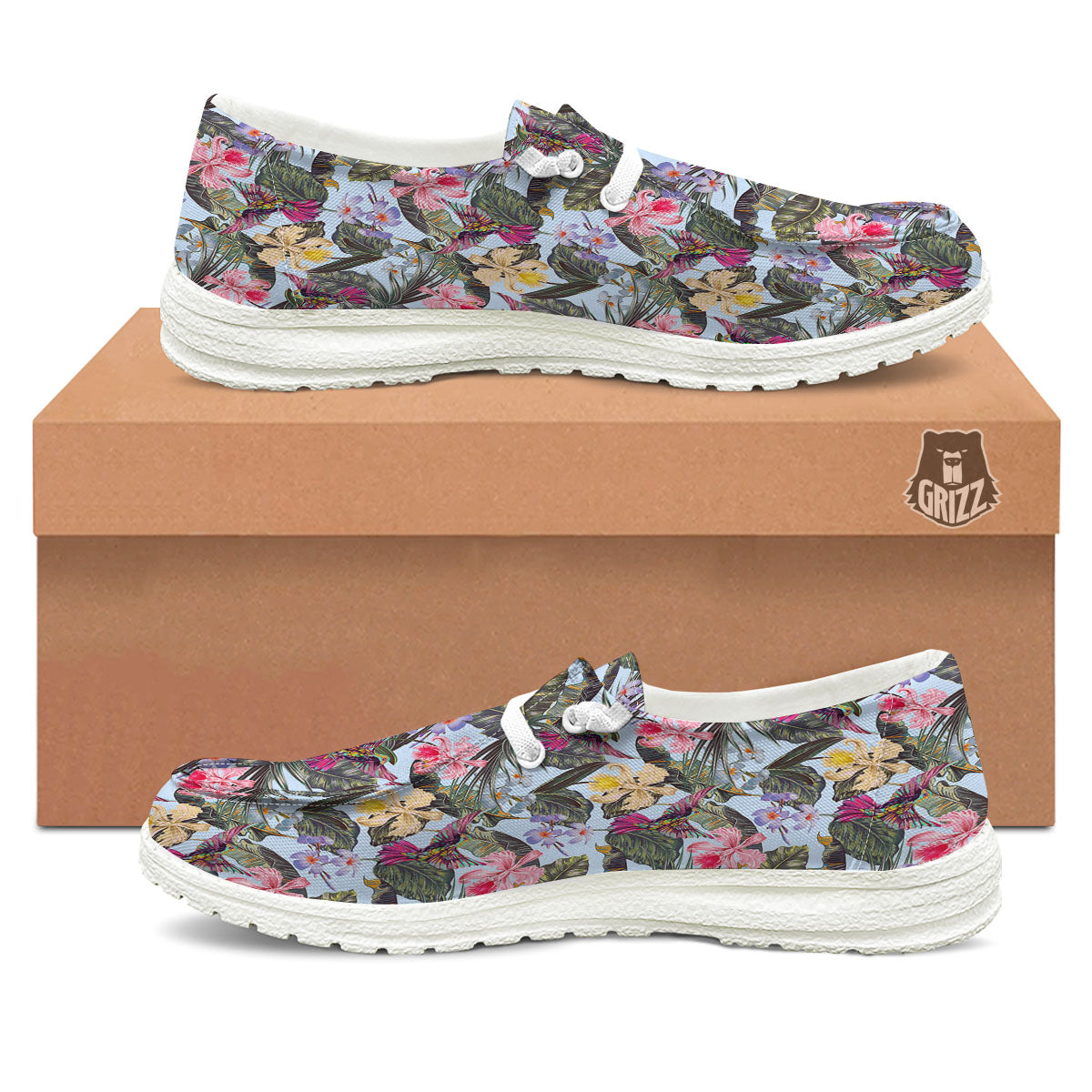 Hummingbird Tropical Print Pattern White Loafers-grizzshop