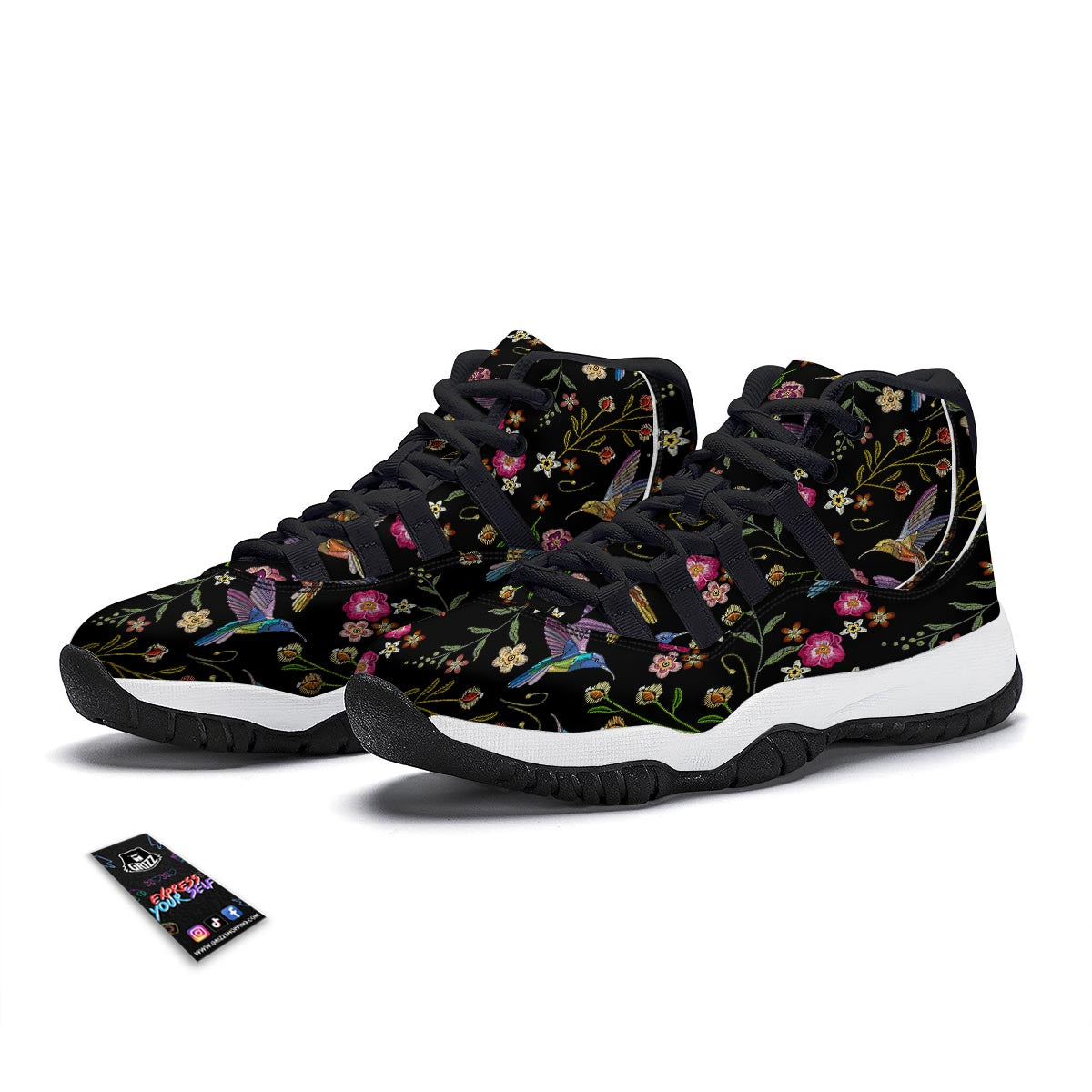 Hummingbird White Floral Black Bball Shoes-grizzshop