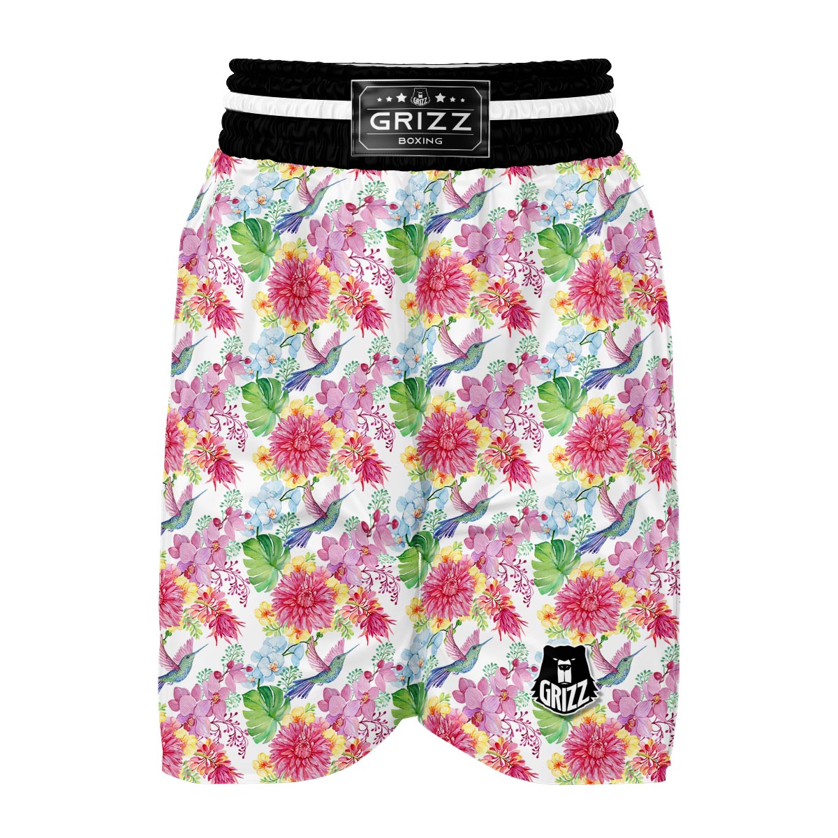 Hummingbird White Floral Drawing Boxing Shorts-grizzshop