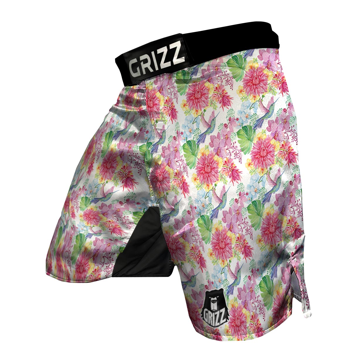 Hummingbird White Floral Drawing MMA Shorts-grizzshop