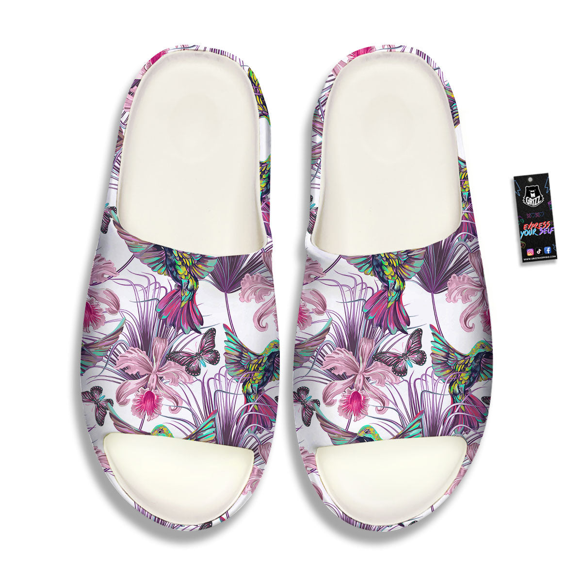 Hummingbird And Pink Flowers Print Sandals-grizzshop