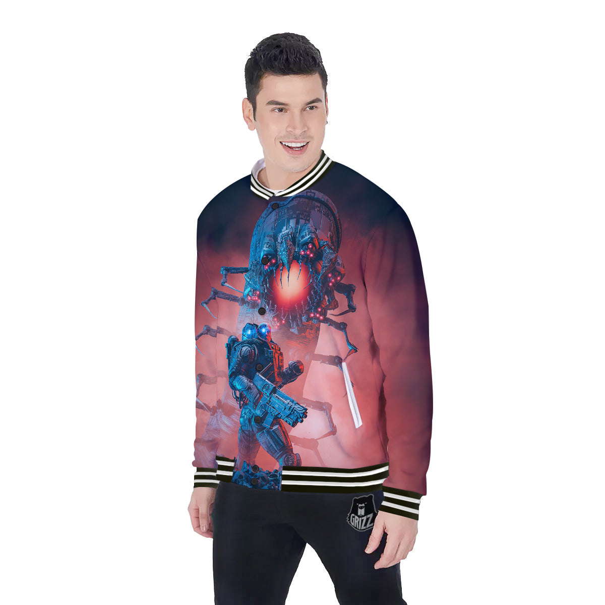 Hunting Alien Worm Print Baseball Jacket-grizzshop