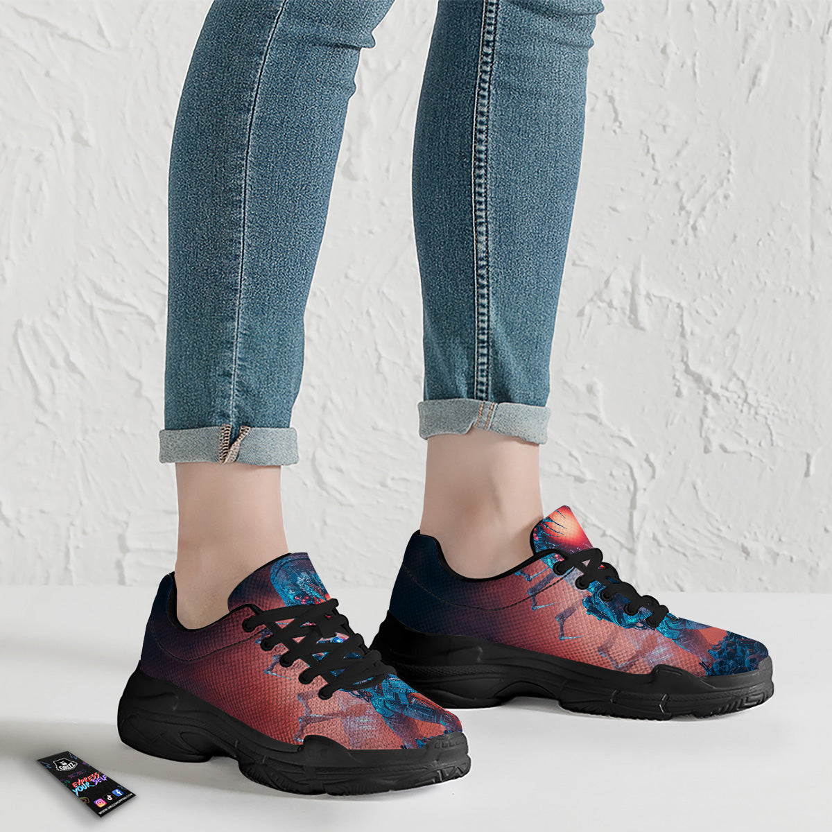 Hunting Alien Worm Print Black Chunky Shoes-grizzshop