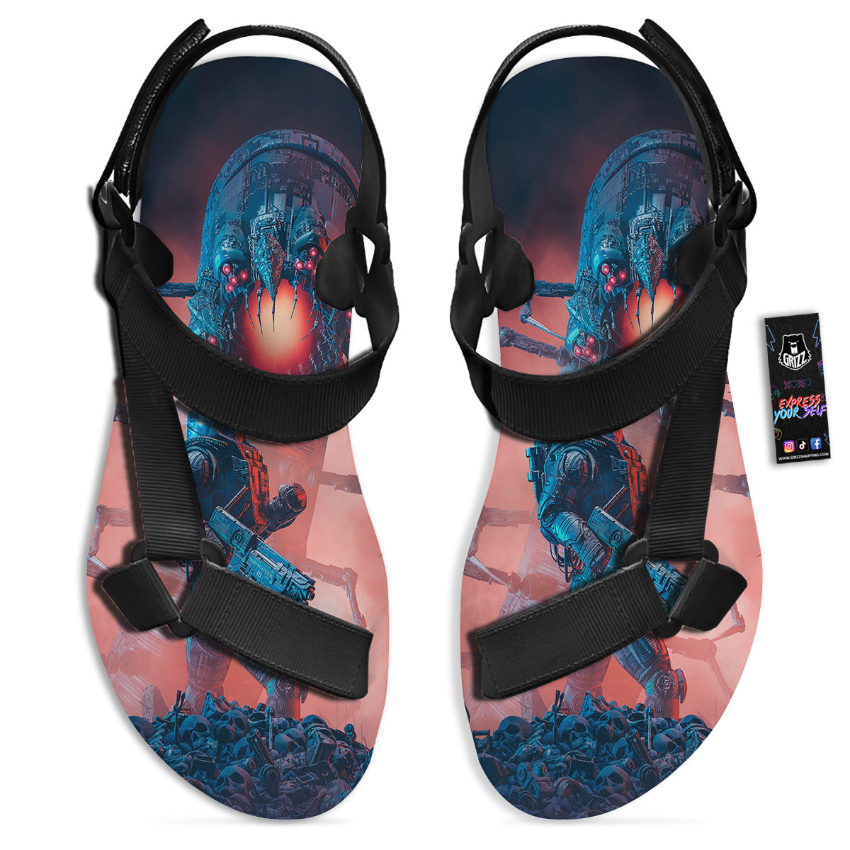 Hunting Alien Worm Print Black Open Toe Sandals-grizzshop