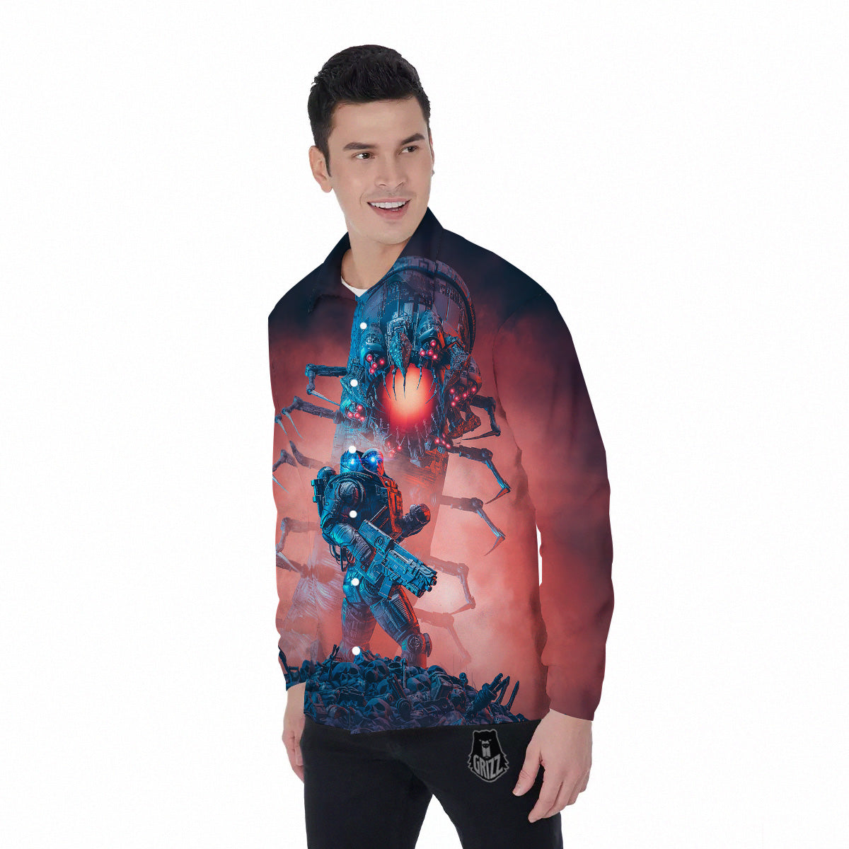 Hunting Alien Worm Print Men's Long Sleeve Shirts-grizzshop