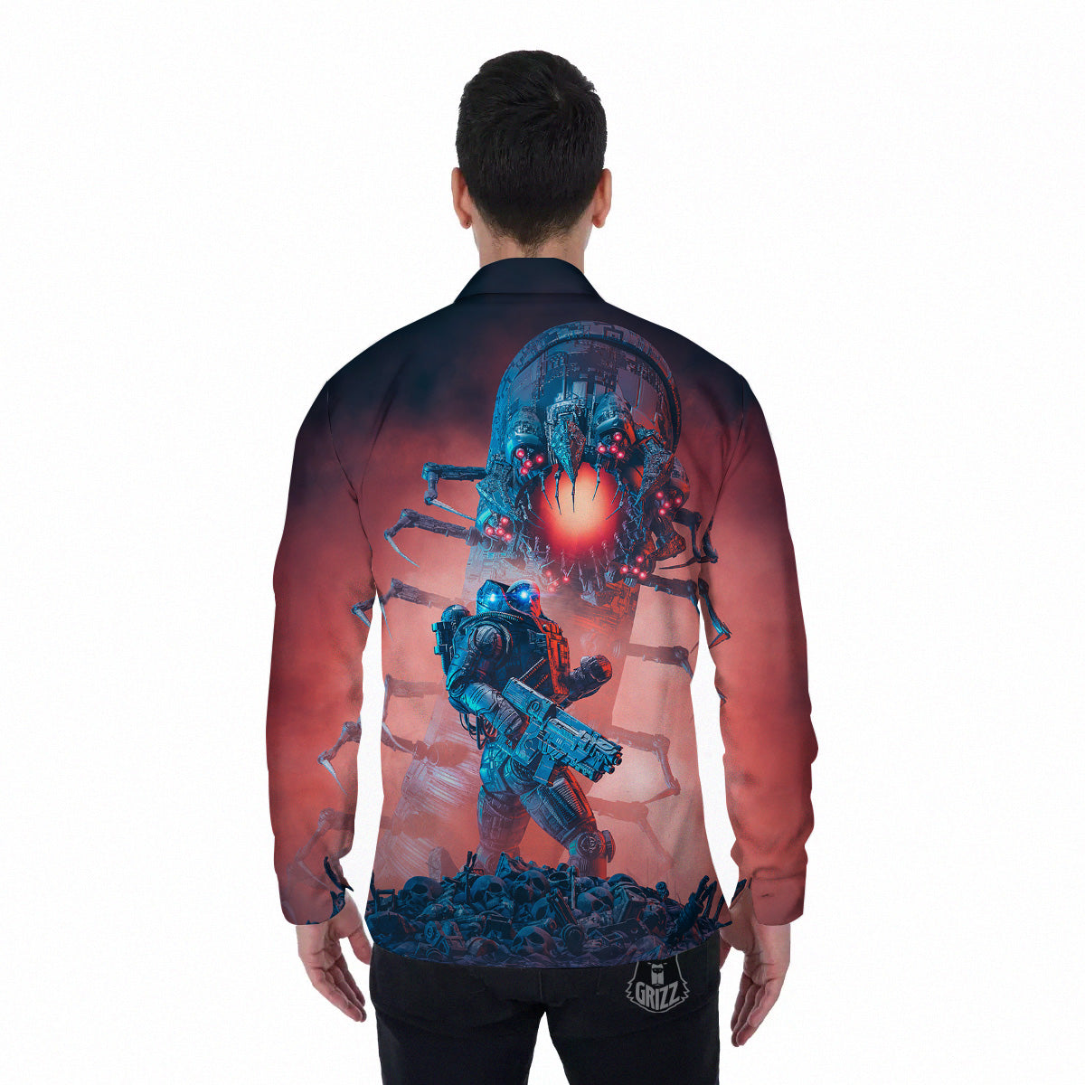 Hunting Alien Worm Print Men's Long Sleeve Shirts-grizzshop