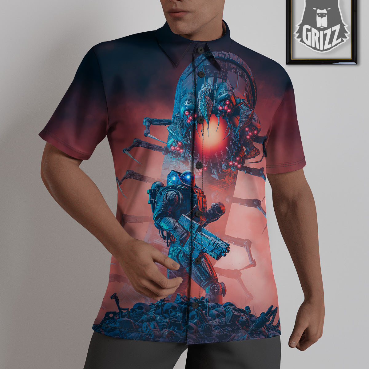 Hunting Alien Worm Print Untucked Shirts-grizzshop