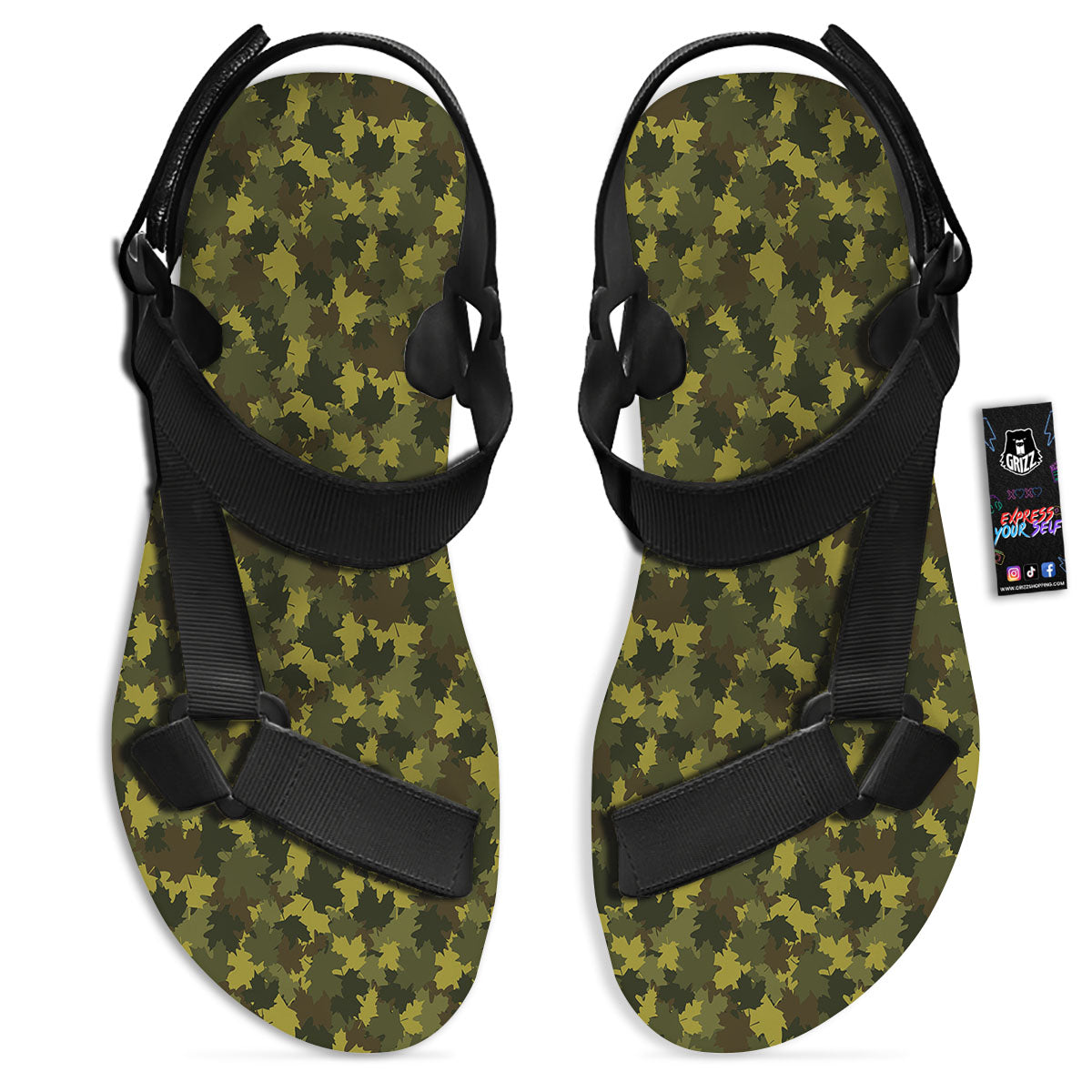 Hunting Camouflage Fall Leaves Print Black Open Toe Sandals-grizzshop