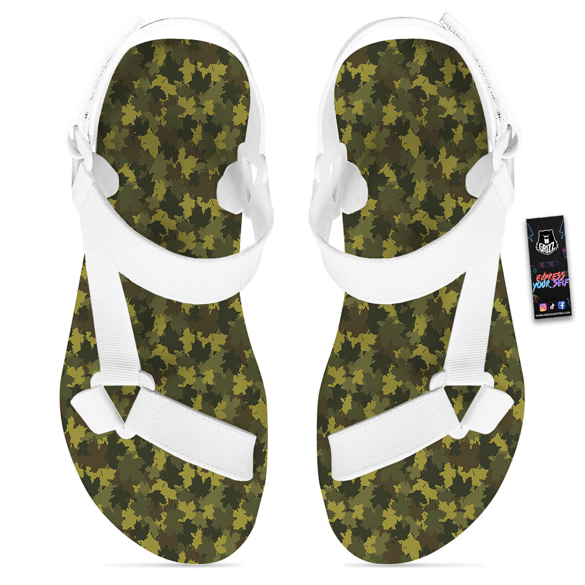 Hunting Camouflage Fall Leaves Print White Open Toe Sandals-grizzshop