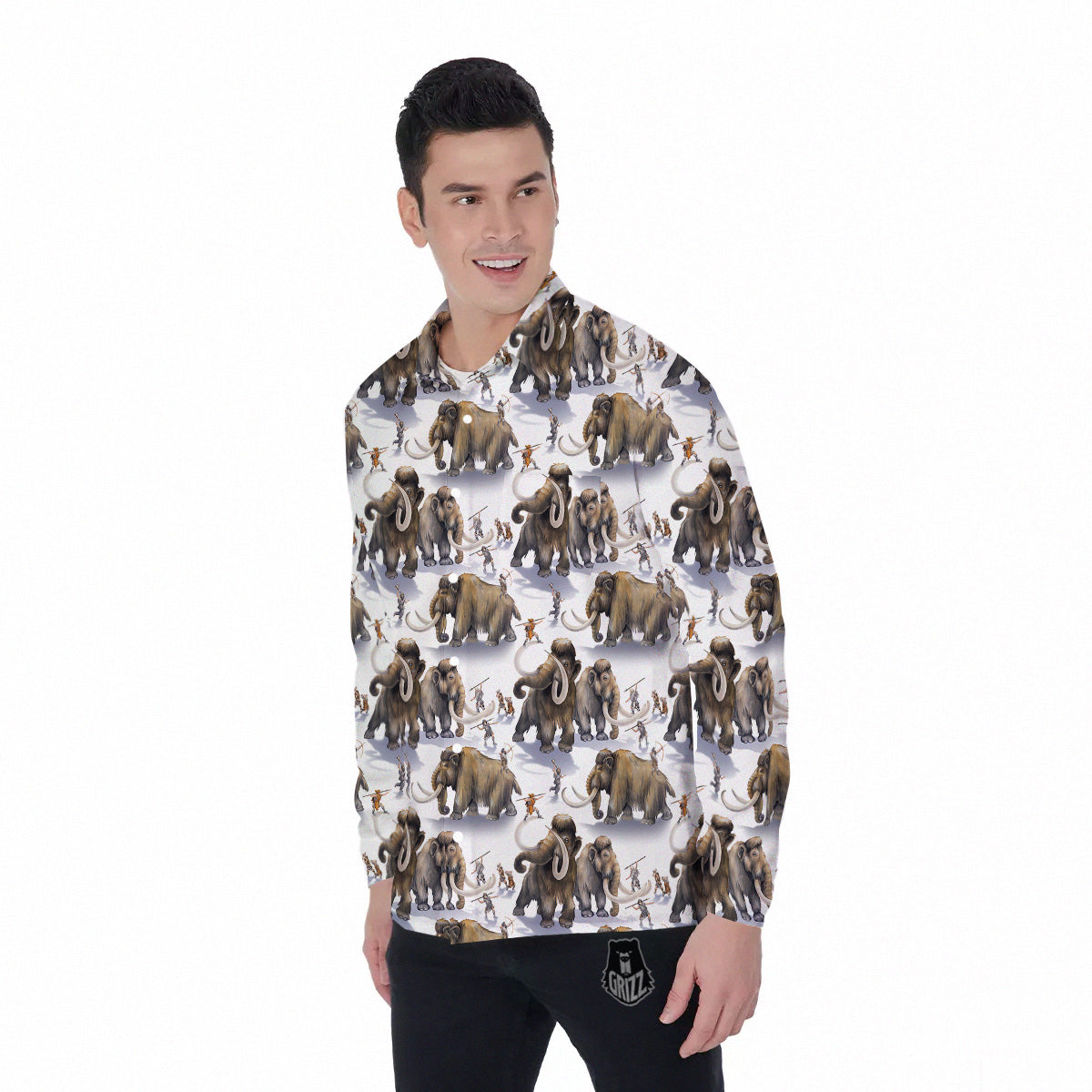 Hunting Mammoth Print Pattern Men's Long Sleeve Shirts-grizzshop