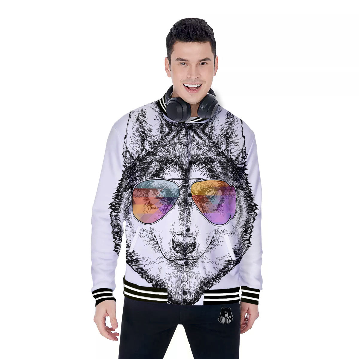 Husky Hippie Siberian Print Baseball Jacket-grizzshop
