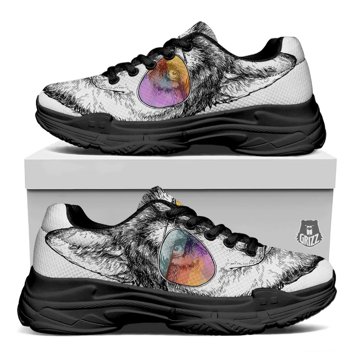 Husky Hippie Siberian Print Black Chunky Shoes-grizzshop
