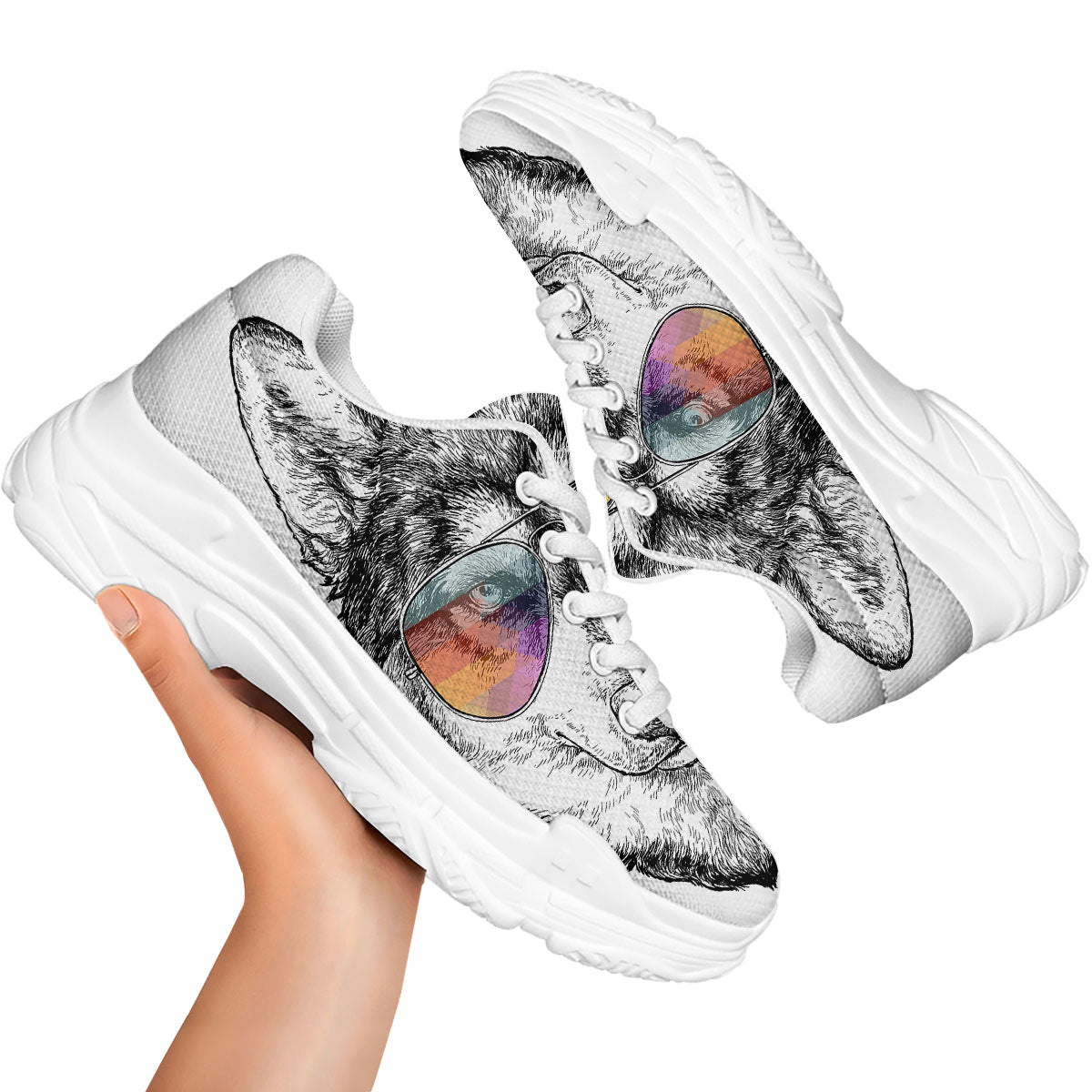 Husky Hippie Siberian Print White Chunky Shoes-grizzshop