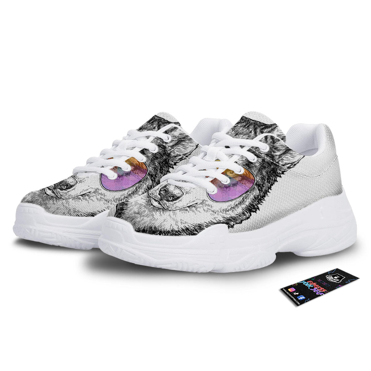 Husky Hippie Siberian Print White Chunky Shoes-grizzshop