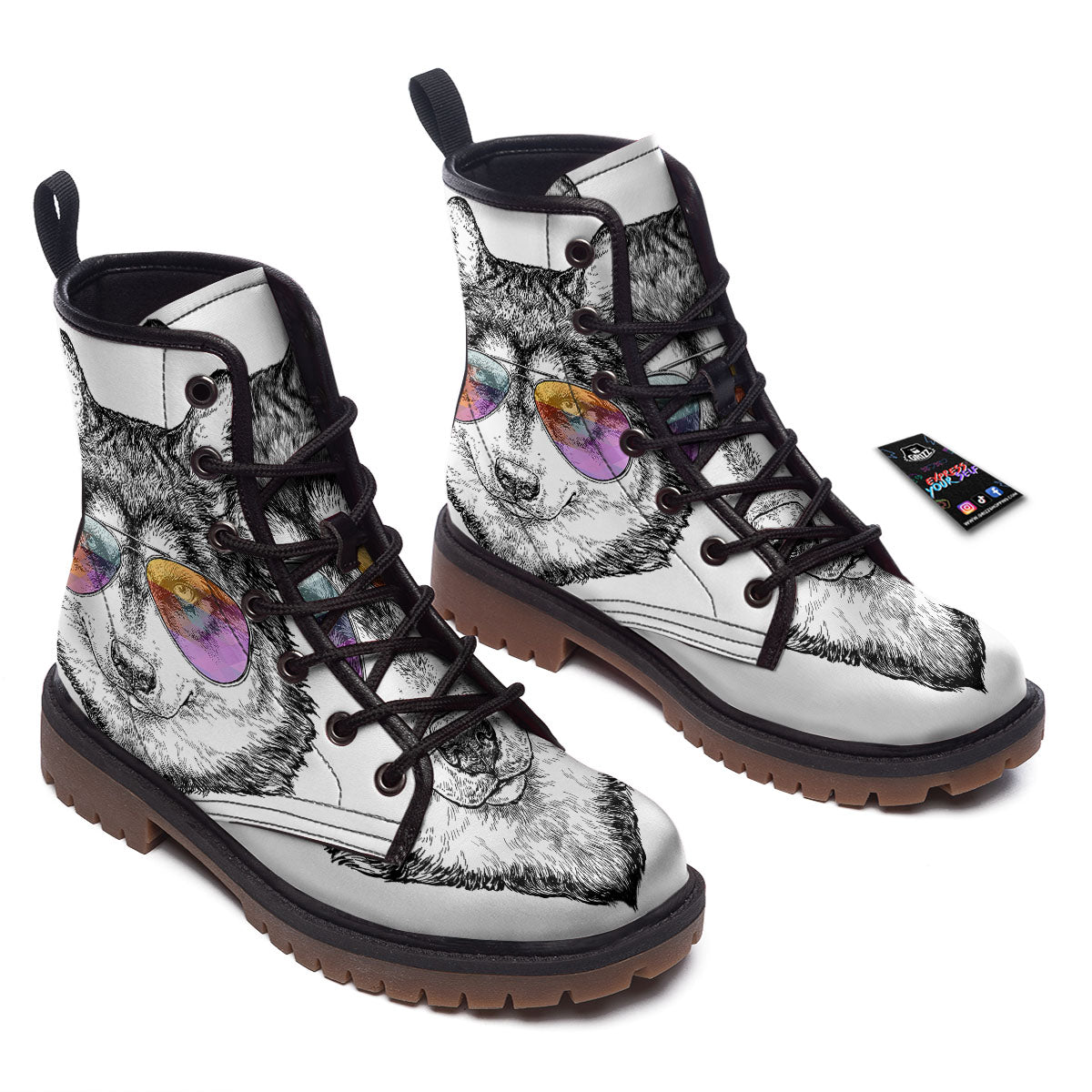 Husky Hippie Siberian Print Work Boots-grizzshop