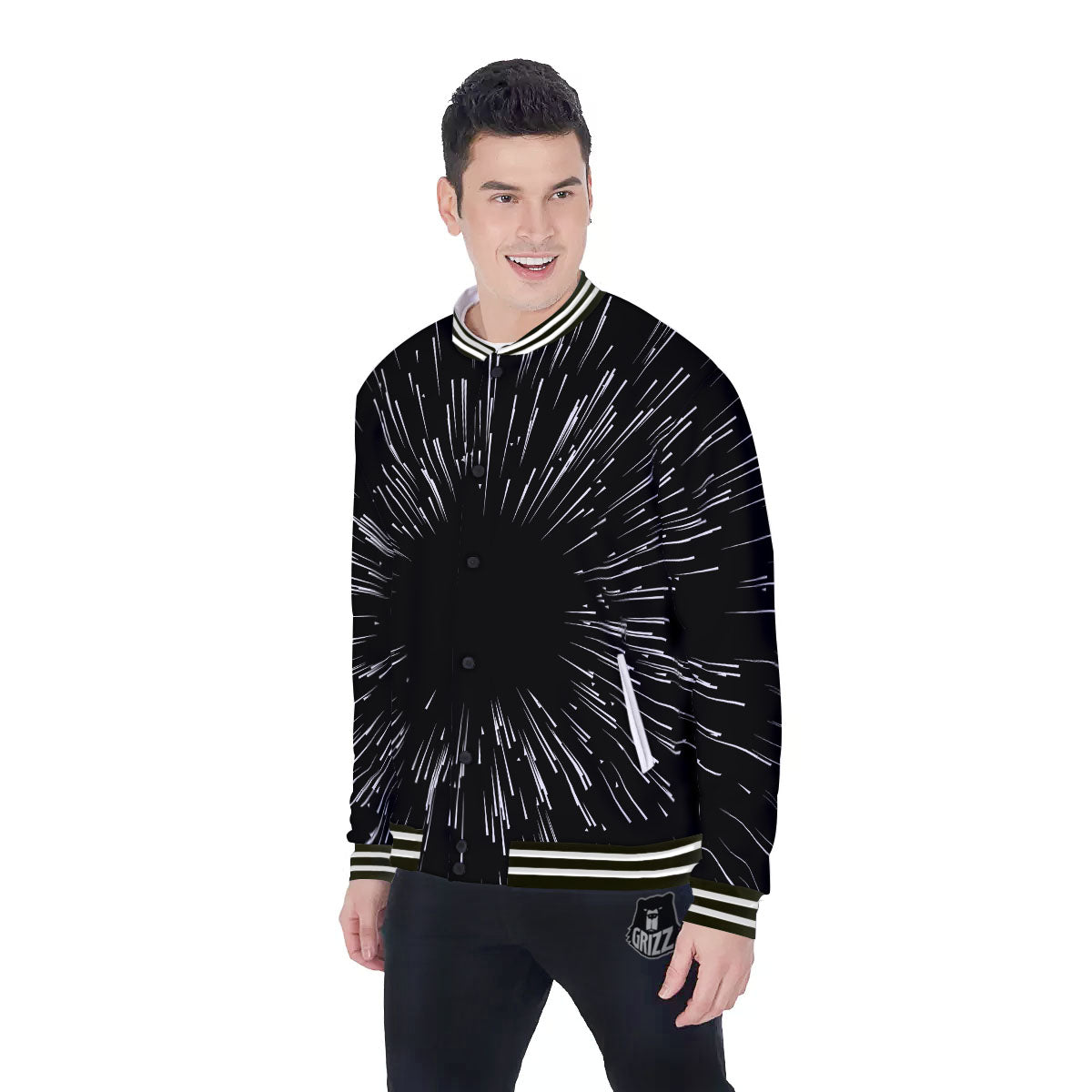 Hyperspace White And Black Print Baseball Jacket-grizzshop