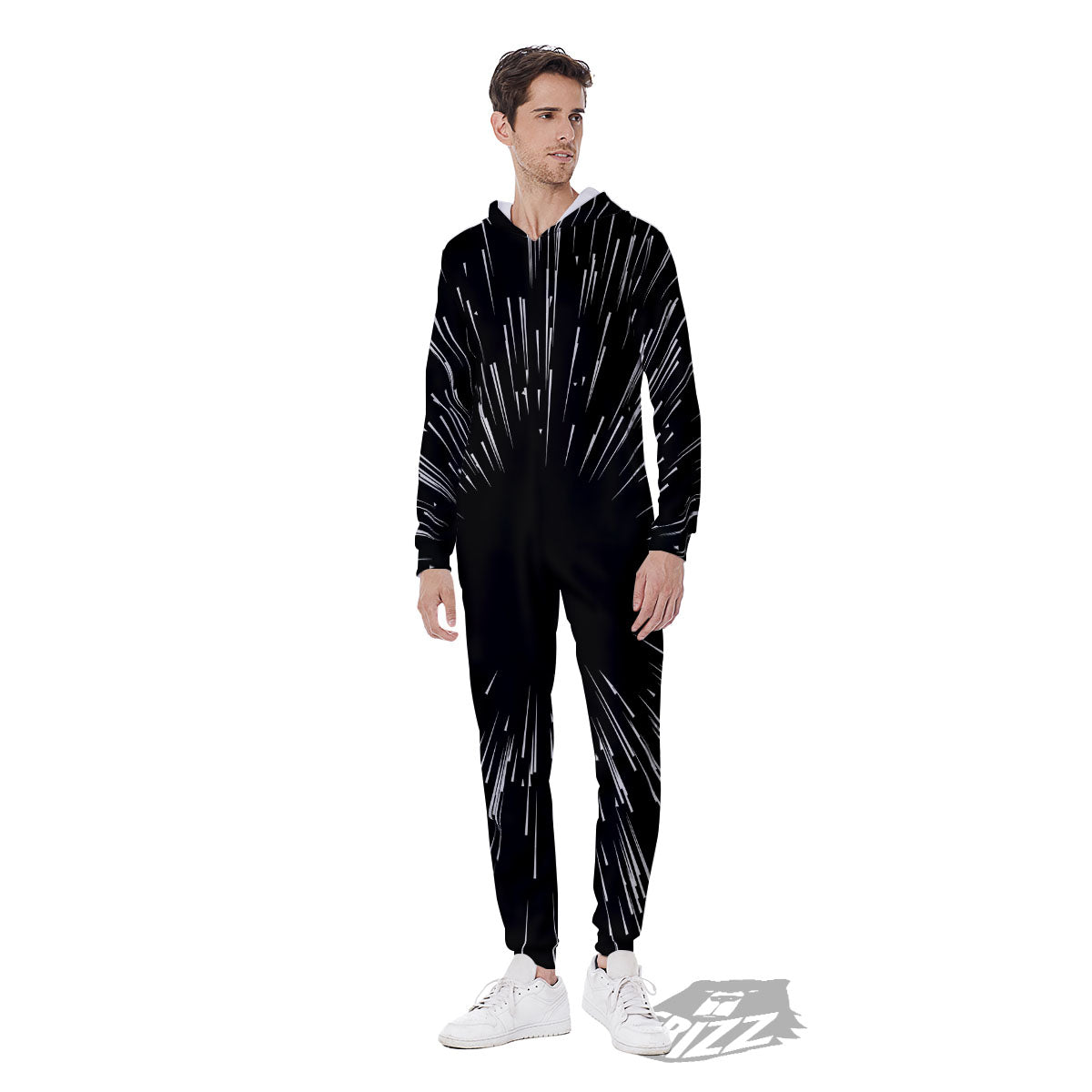 Hyperspace White And Black Print Men's Jumpsuit-grizzshop