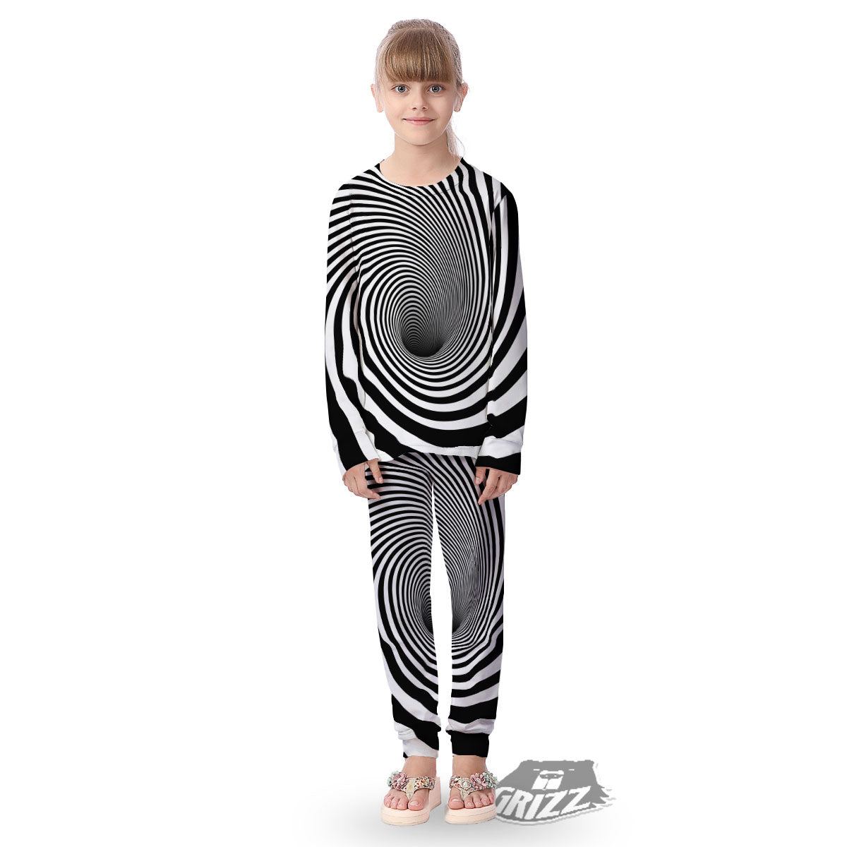 Hypnotic Illusion White And Black Print Kid's Pajamas-grizzshop