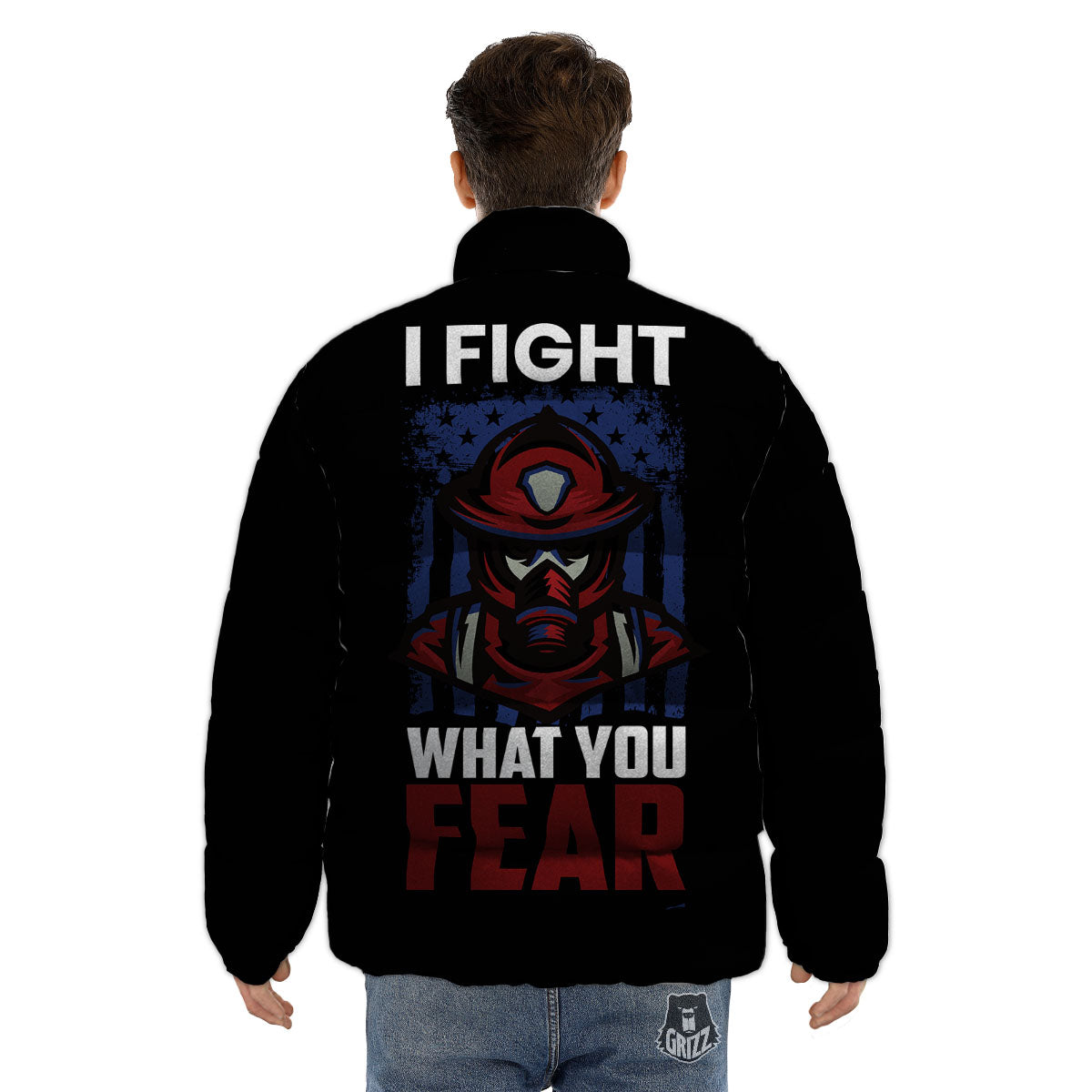 I Fight What You Fear Firefighter Print Puffer Jacket-grizzshop