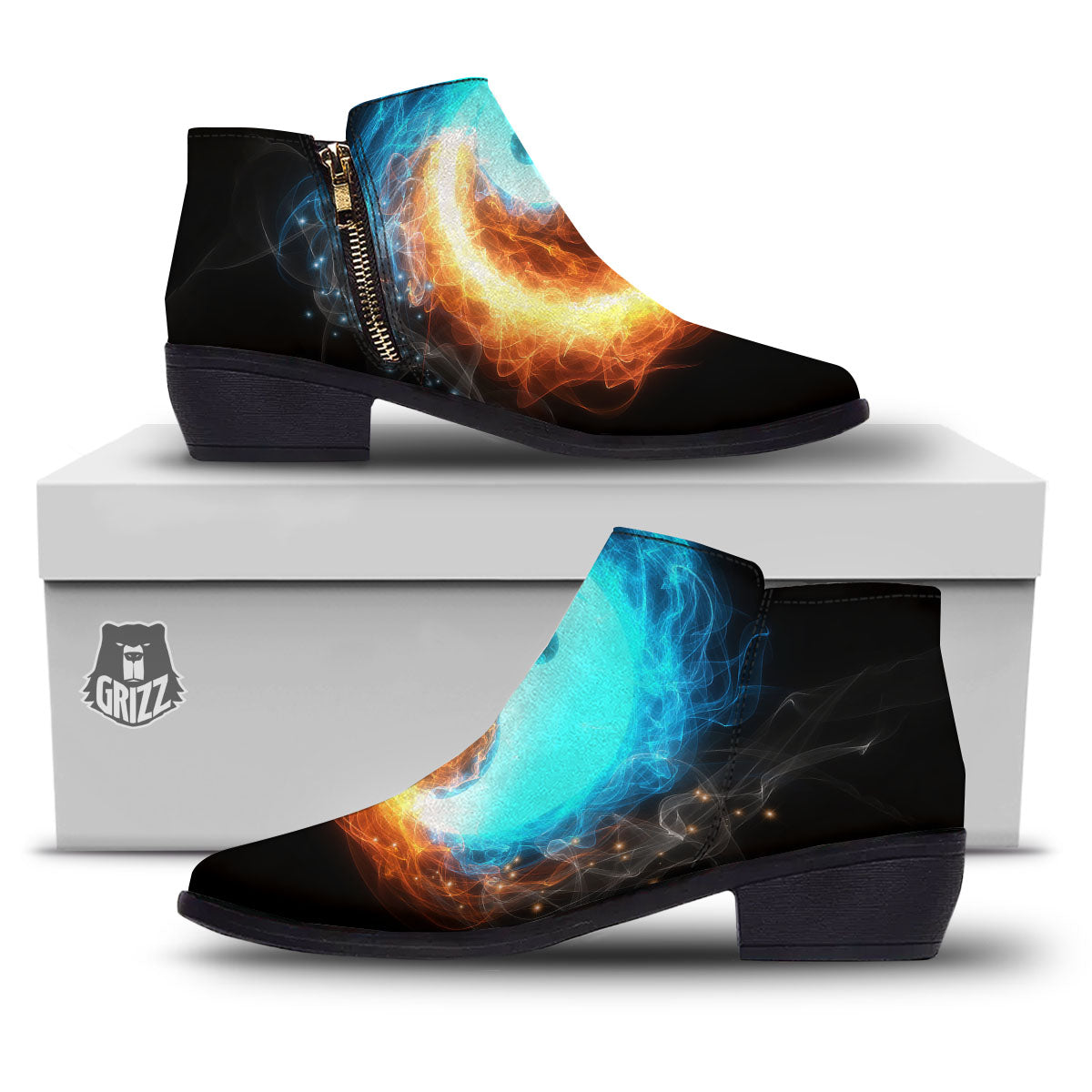 Ice And Fire Sparkle Yin Yang Print Ankle Boots-grizzshop