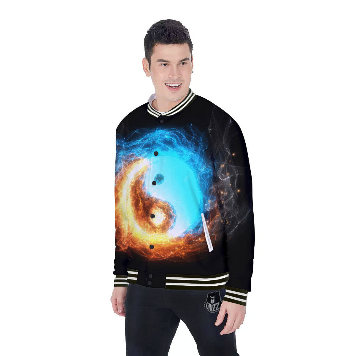 Ice And Fire Sparkle Yin Yang Print Baseball Jacket-grizzshop