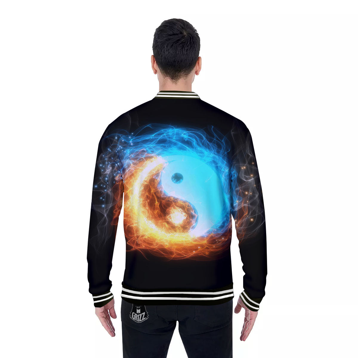 Ice And Fire Sparkle Yin Yang Print Baseball Jacket-grizzshop