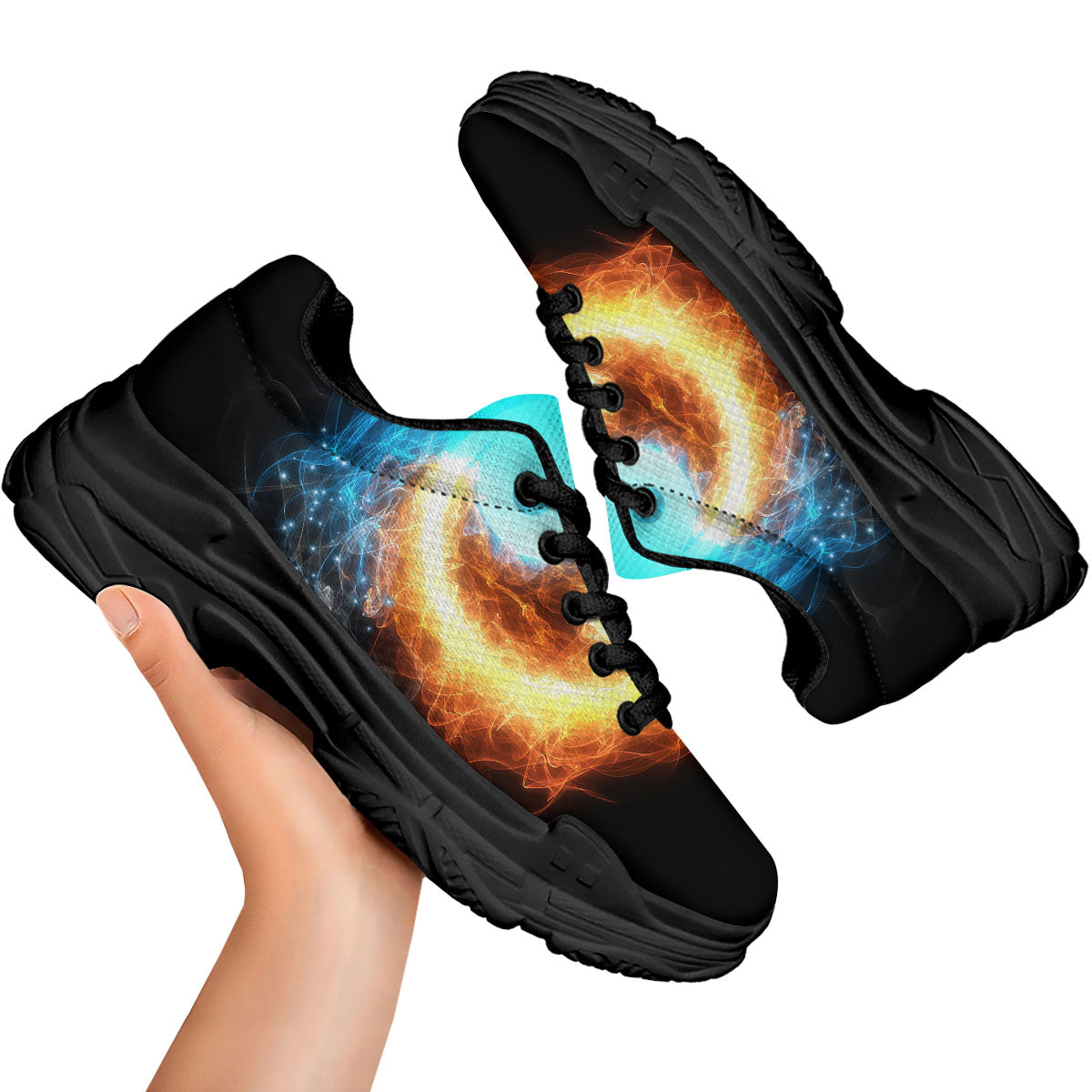 Ice And Fire Sparkle Yin Yang Print Black Chunky Shoes-grizzshop
