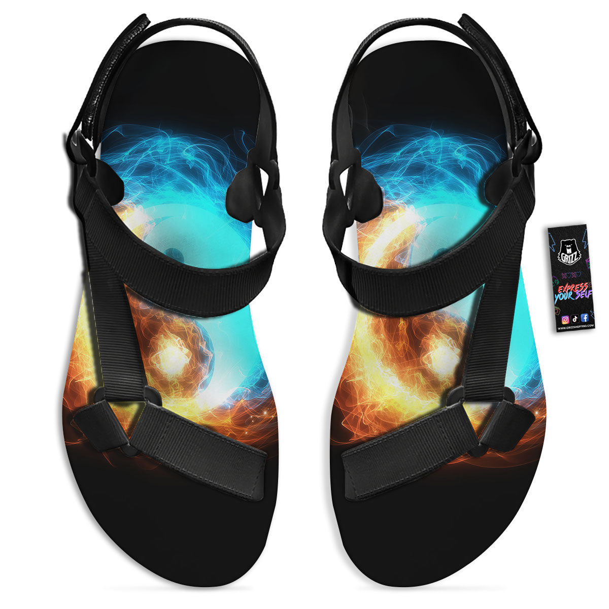Ice And Fire Sparkle Yin Yang Print Black Open Toe Sandals-grizzshop