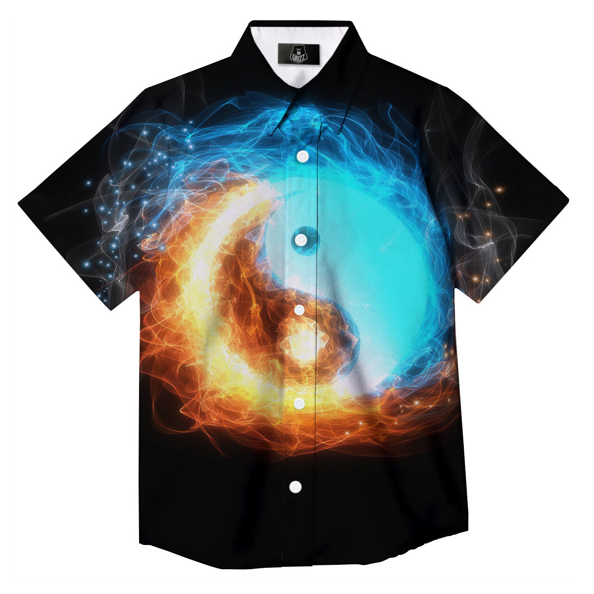 Ice And Fire Sparkle Yin Yang Print Button Up Shirt-grizzshop