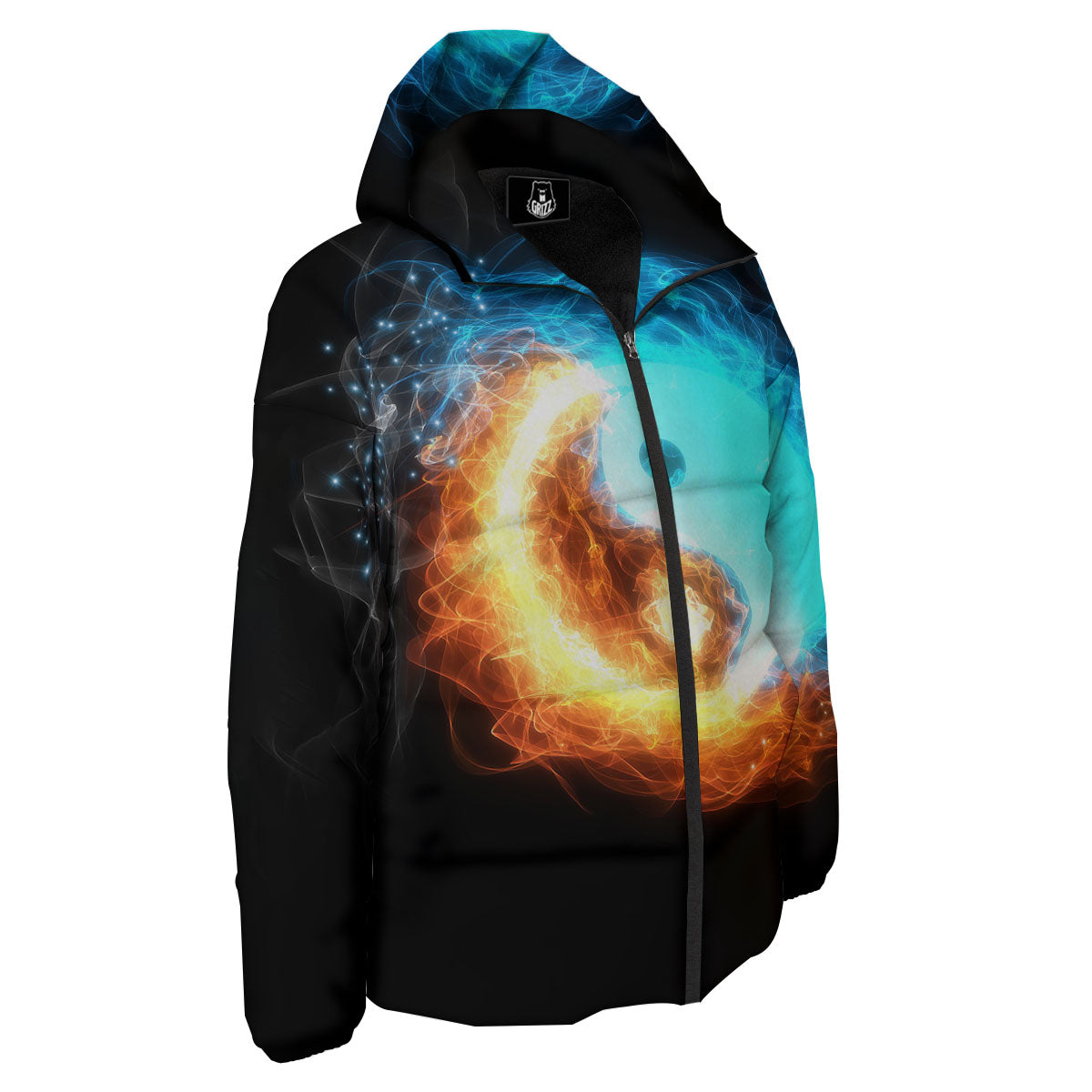 Ice And Fire Sparkle Yin Yang Print Down Jacket-grizzshop