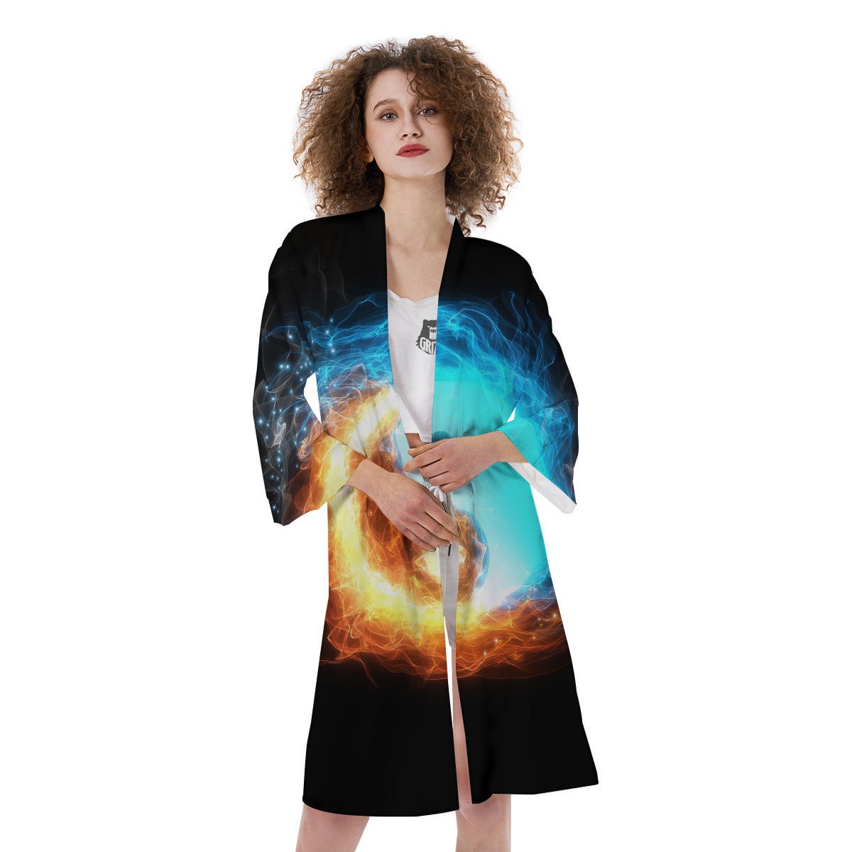 Ice And Fire Sparkle Yin Yang Print Kimono-grizzshop